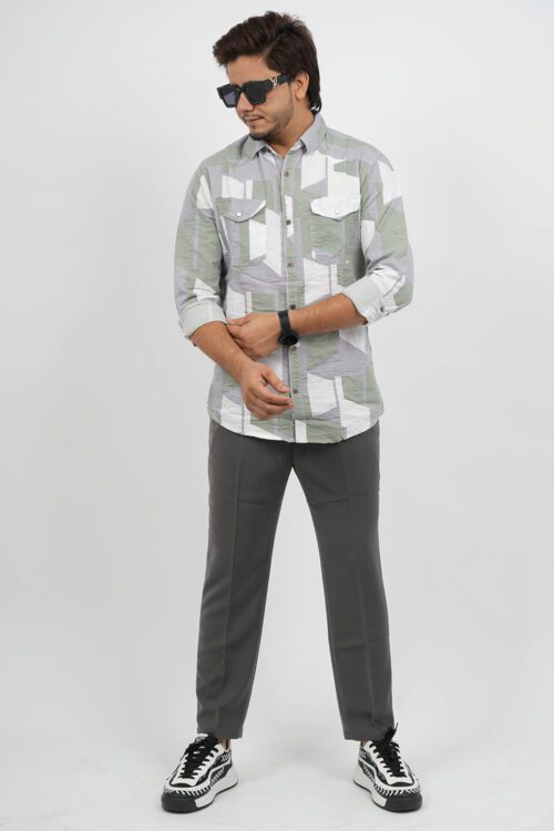 Green & White Slim Fit Checked Popcorn Casual Shirt