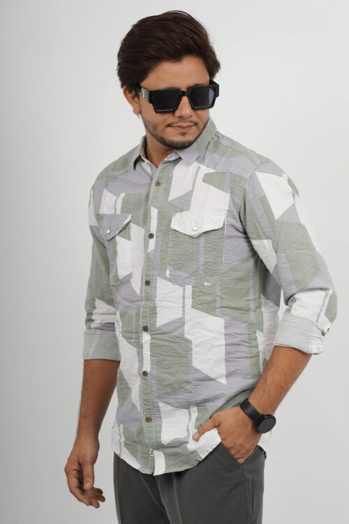 Green & White Slim Fit Checked Popcorn Casual Shirt