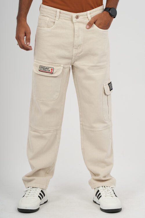 Cream Relaxed Fit 6 Pocket Denim Jeans