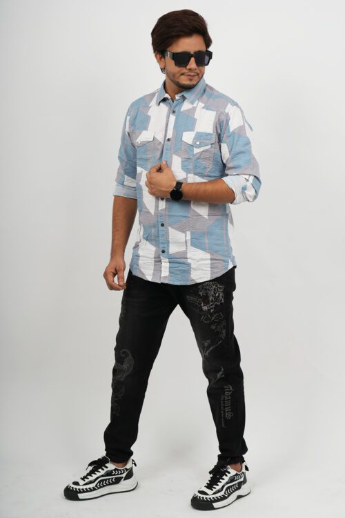 Blue & White Slim Fit Checked Popcorn Casual Shirt