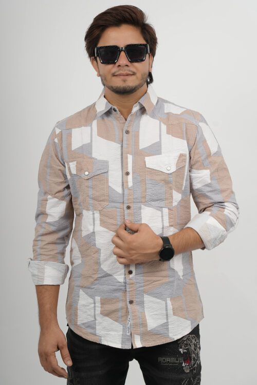 Brown & White Slim Fit Checked Popcorn Casual Shirt