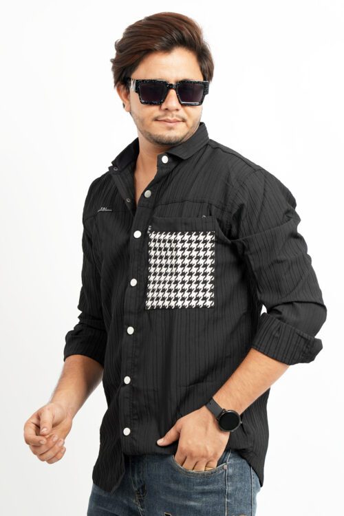 Black Regular Fit Lycra Stripes Shirt