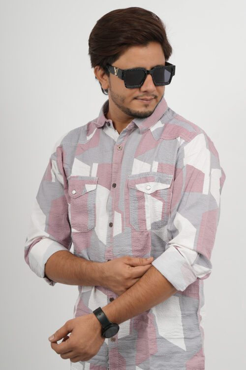 Pink & White Slim Fit Checked Popcorn Casual Shirt